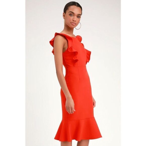 Lulu's Hearts Aflutter Bodycon Dress Size Small S Orange Midi Ruffled Sleeveless - Picture 1 of 12